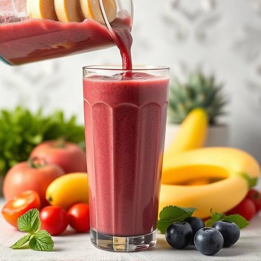 A colorful image of a smoothie being poured from a blender into a glass, showcasing vibrant fruits and vegetables.