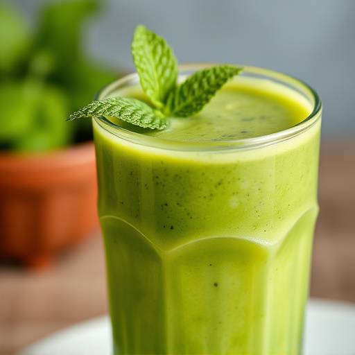 A glass of green smoothie with a sprig of mint, showcasing its vibrant green color and creamy texture.