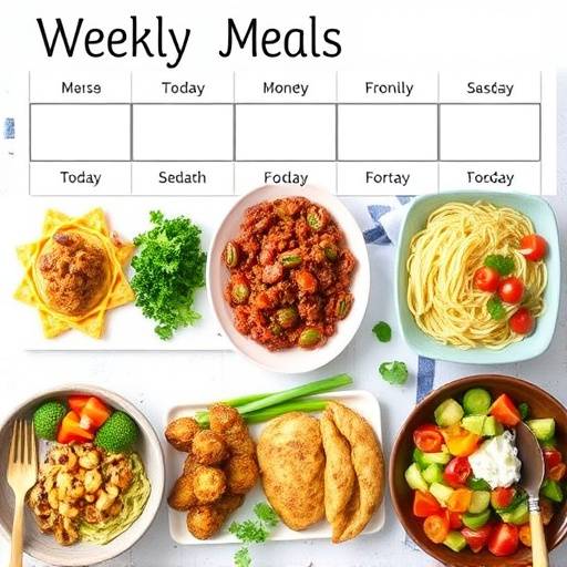 A meticulously planned weekly meal plan with colorful healthy dishes