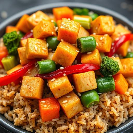 A plate of colorful vegetable stir-fry with tofu, garnished with sesame seeds and served over brown rice.