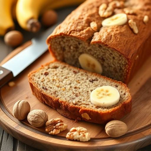 A slice of whole wheat banana bread with walnuts, displayed on a wooden cutting board with a knife.