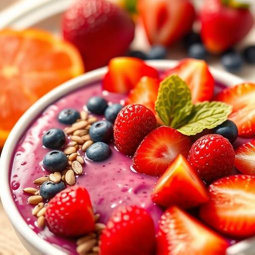 A vibrant acai bowl topped with fresh fruit and seeds