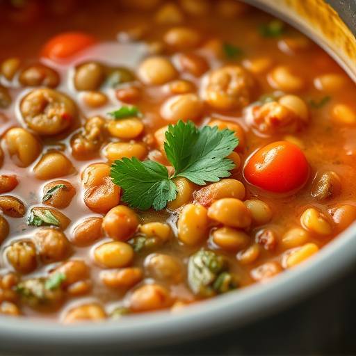 Close-up of a hearty vegetable and lentil soup simmering in a pot, garnished with fresh parsley.