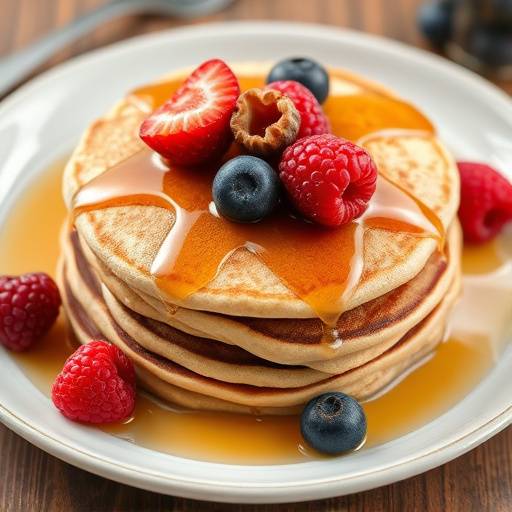Image of a stack of fluffy whole-wheat pancakes topped with fresh berries and a drizzle of maple syrup.