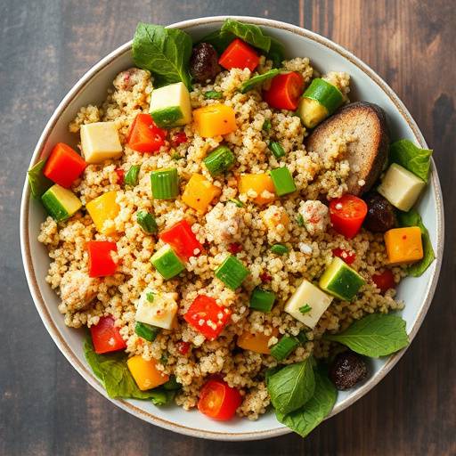 Overhead shot of a vibrant quinoa salad with mixed vegetables and a lemon vinaigrette.