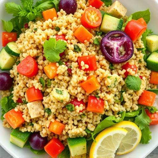 Overhead view of a vibrant quinoa salad with mixed vegetables and a lemon vinaigrette dressing.