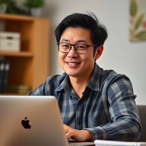 Portrait of David Chen, Nutrition Writer at Vitality Provisions, sitting at a desk with a laptop.